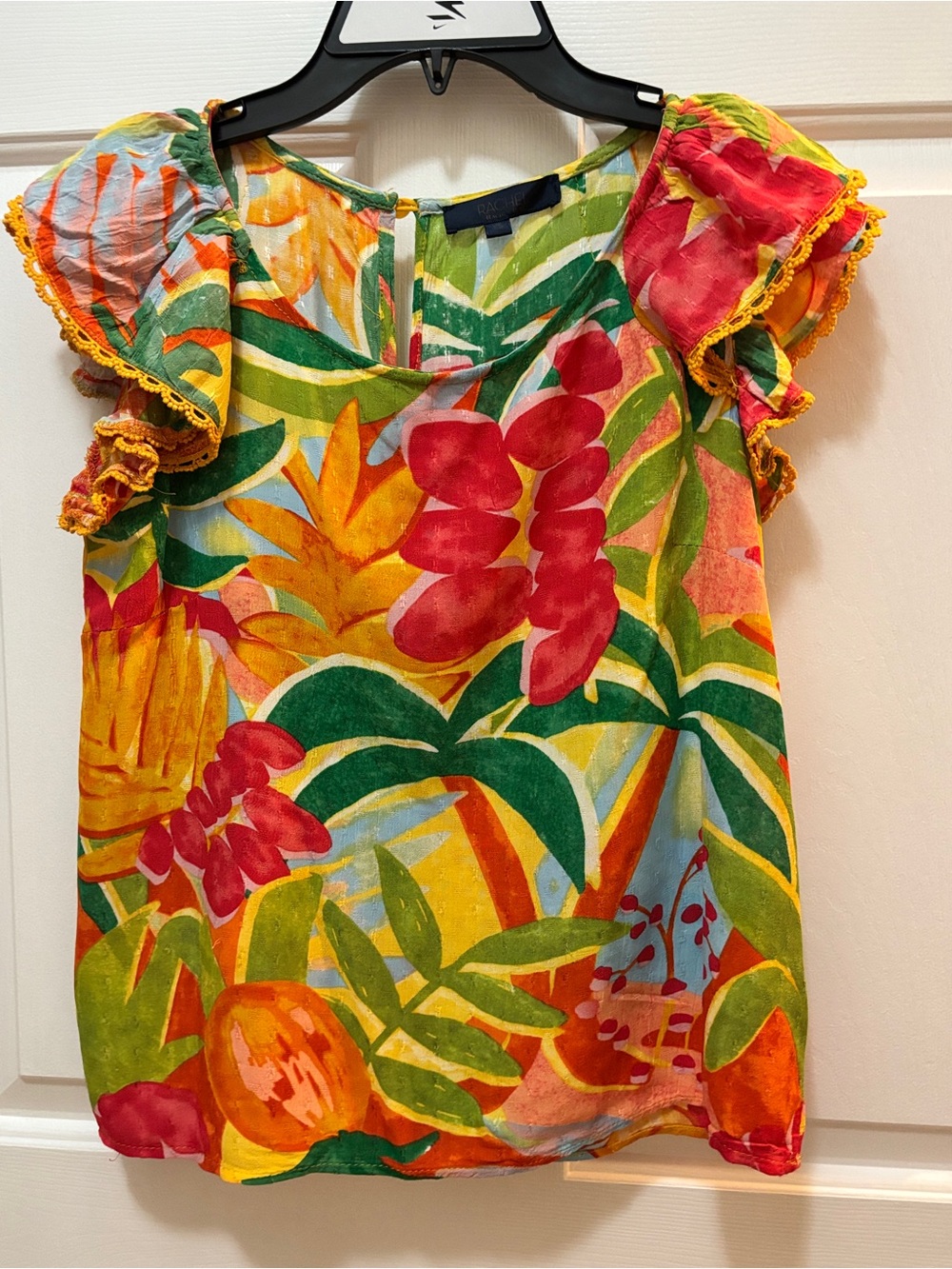 Rachel Multicolor Tropical Print Short Sleeve Rayon Blouse XS EUC
